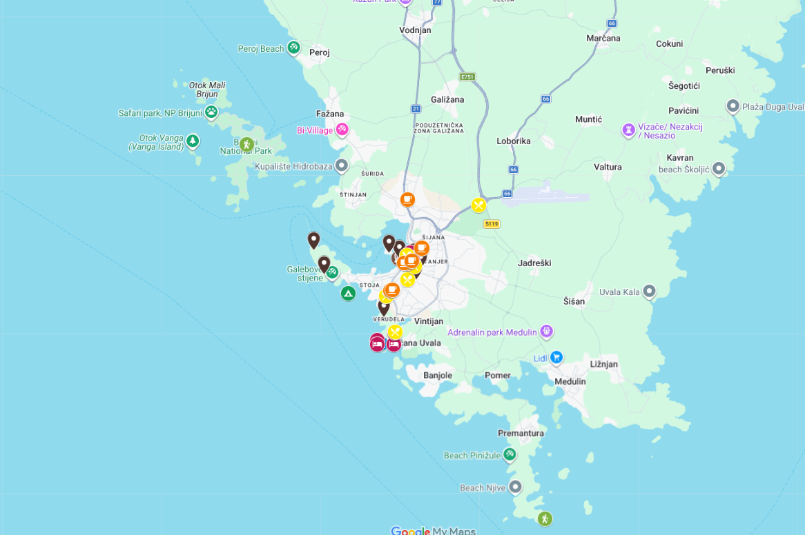 Mapa nejlepších míst v Pule